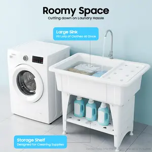 CNCEST Freestanding Laundry Utility Sink with Storage Shelf, 360° Rotatable Faucet & Drainboard - 32 in Large Capacity PP & Stainless Steel Wash Basin for Home Decor, Kitchen, Garage