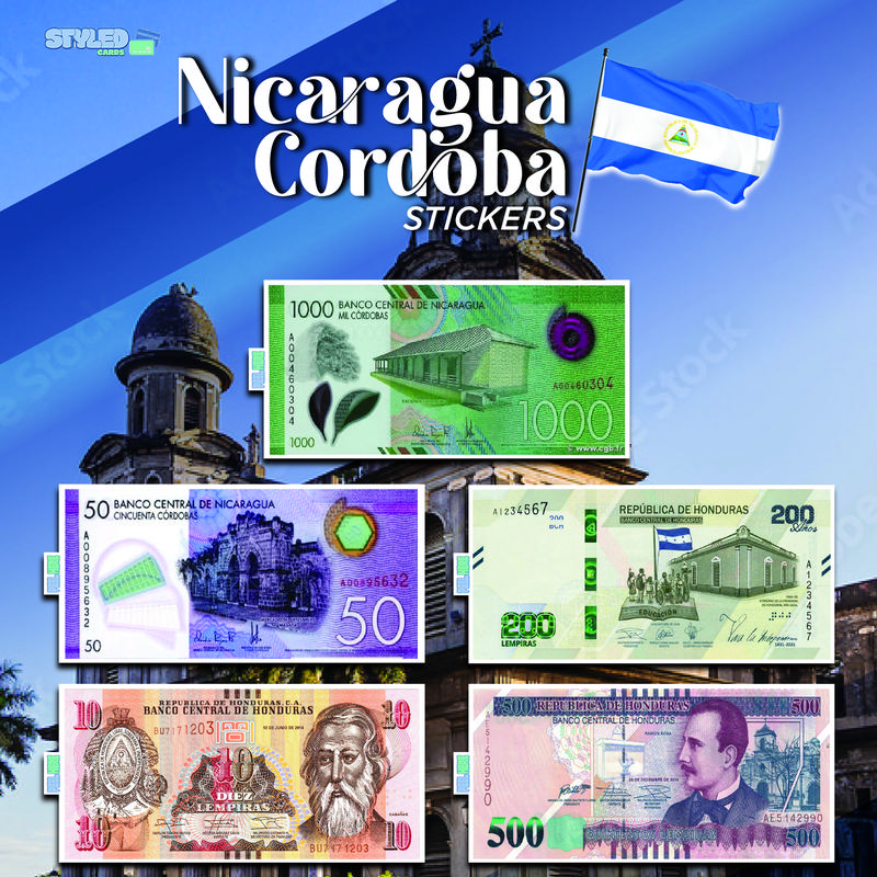Nicaragua Cordoba rectangle vinyl stickers - 1000 Banco Central de Nicaragua, Features Bank Logo, Card Number, and Design Elements