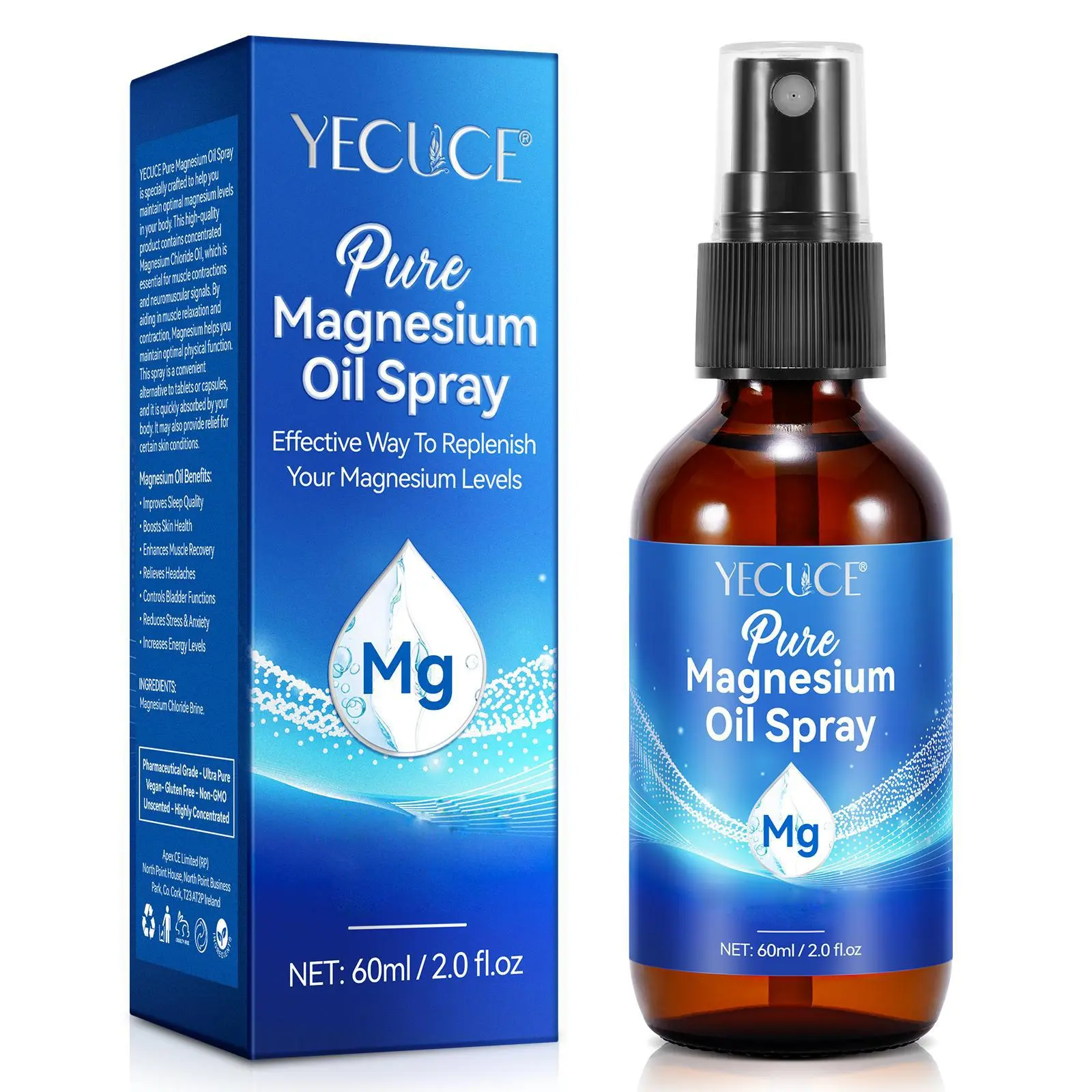 YECUCE Pure Magnesium Oil Spray 60ml, Magnesium Topical Oil, high-purity smooth magnesium oil spray, rich in minerals needed by the body, easily absorbed, daily body care product