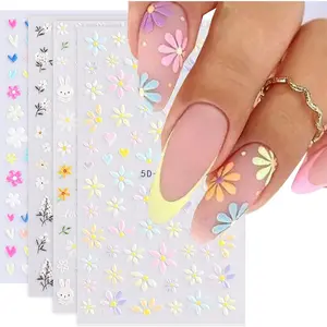Flower Nail Stickers for Nail Art 5D Embossed Nail Decals Spring Summer Nail Art Stickers Self-Adhesive Nail Supplies Accessories 3D Flower Nail Stickers for Women Nail Design Decoration