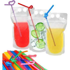 100 count Drink Pouches with 100 Straw Holes, Freezable Juice Pouches, Translucent Reclosable Zipper Plastic Pouche Drink Bags for Cold & Hot Drinks for Adults and
