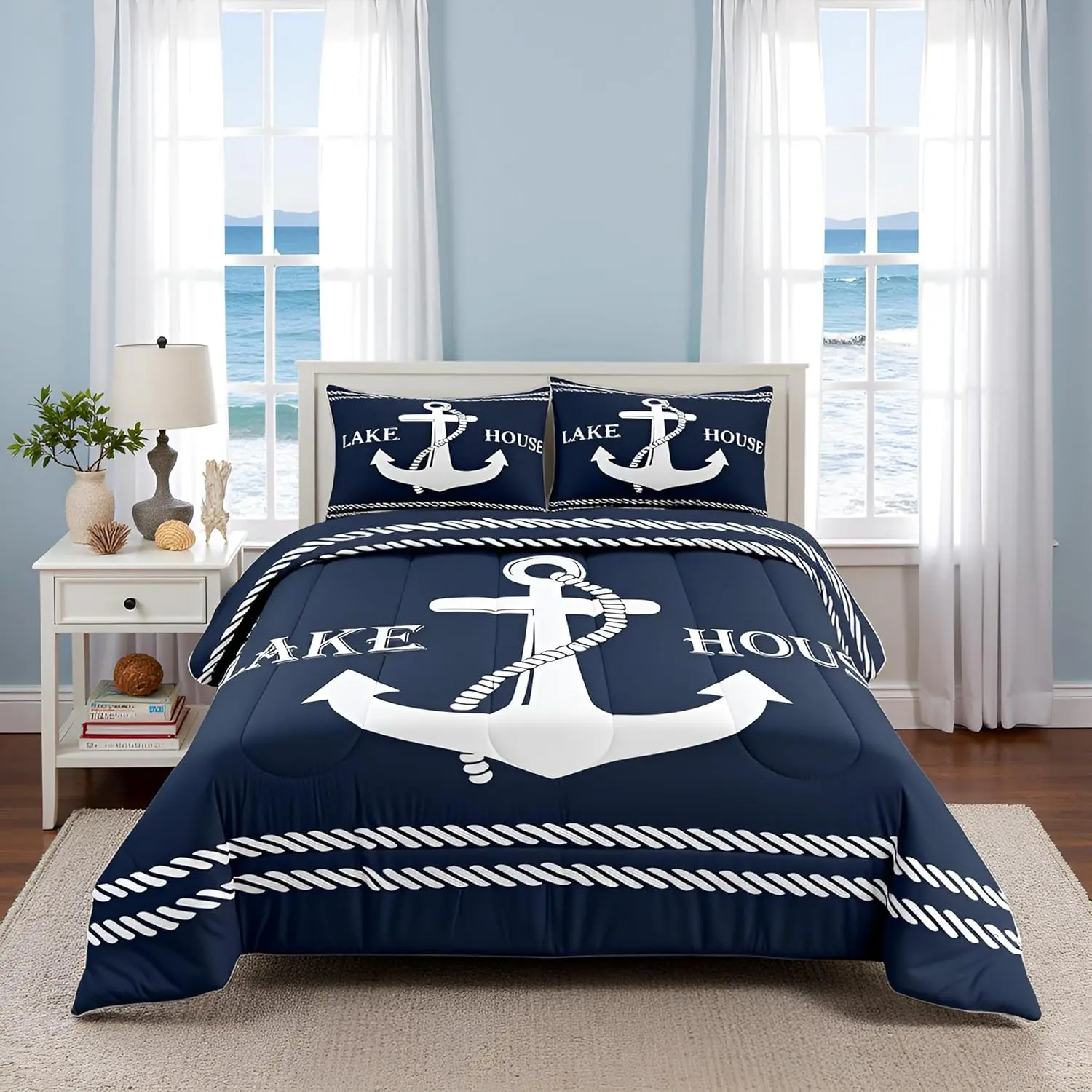 Feelyou Nautical Anchor Bedding Comforter Set - Vintage Rustic Blue Duvet Insert, Kids Bedding Supplies for Lake Home Bedroom Decor, Bed Sets Supplies, Anchor Print Duvets & Sets