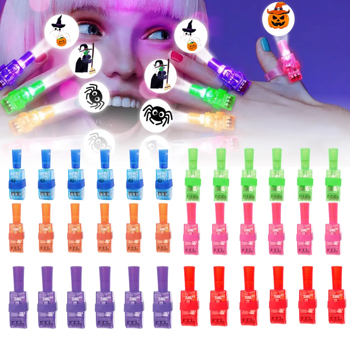 36Pcs Halloween LED Finger Light Pack with Projection Bands - Scary Kids' Party Favors, Classroom Treasure Box Prizes
