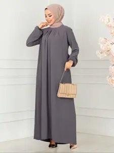 Elegant Women's Long Dress with Round Neck and Lantern Sleeves, Casual Loose-Fitting Design for All Seasons, Plain Pattern Fashion, Modest Dress, Hijabi Cute Dresses