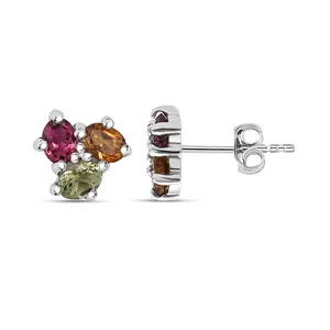 Premium Multi-Tourmaline 1.00 ctw Stud Earrings in Rhodium Over Sterling Silver Size 9.0