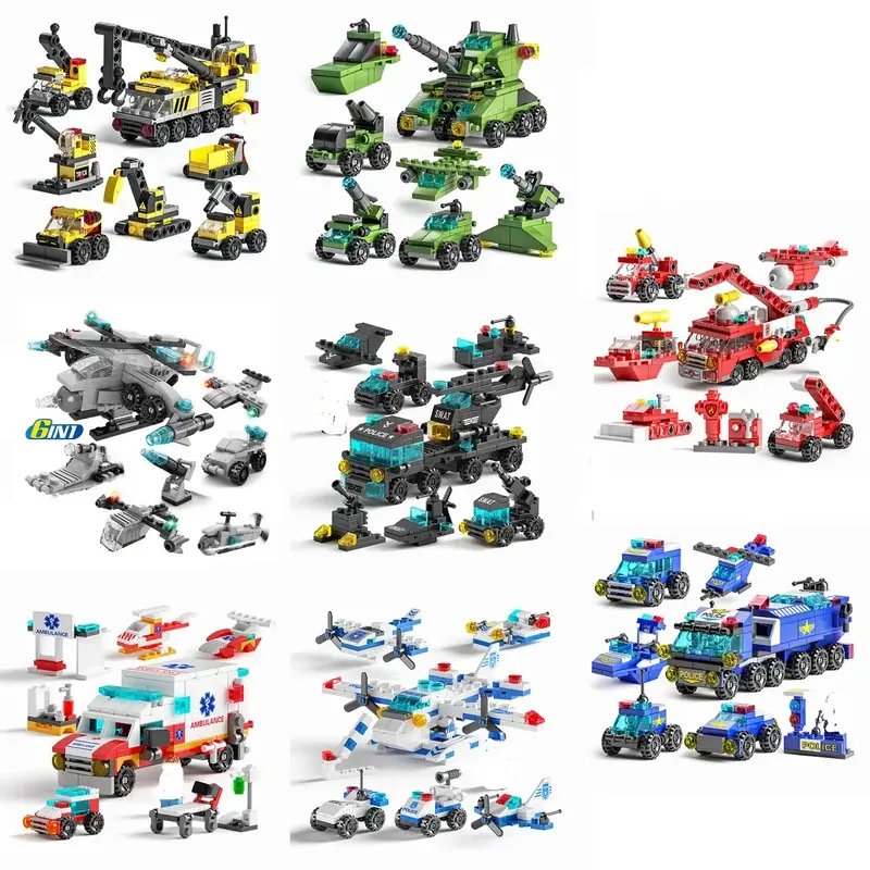 Mini size 6 In 1 Building Blocks DIY Police Car Fire Truck Castle Model Bricks Kids Educational Toys Gifts