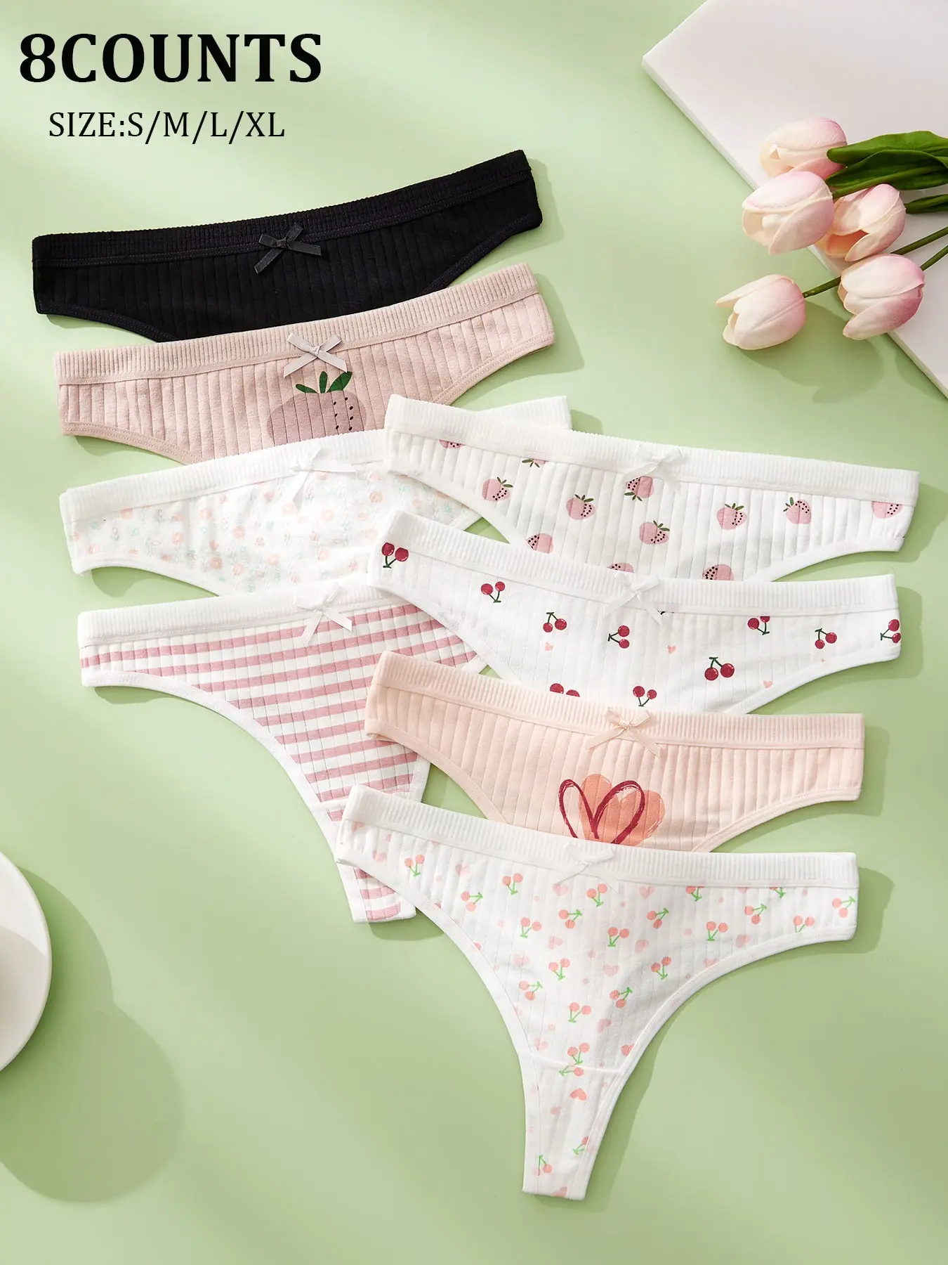 Women's Printed Bikini Undie Panty Set, Comfortable Breathable High Elasticity Triangle Underwear, Strawberry Cherry Floral Heart Patterns