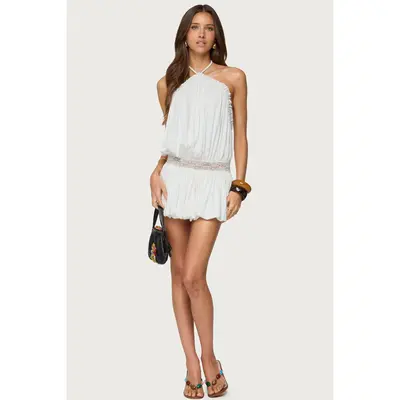 strapless open back dress Hideaway Halter Mini Dress ~ Palm Tree Crochet – Show Me Your Mumu main image 1