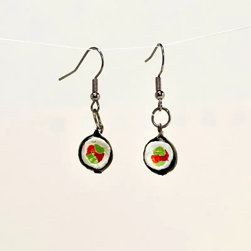 Shushi Earrings - Unique Design with Sushi Clay Hand Painted Gloss Finish Inspired Charm - Simple Stylish Accessory Hook Earrings