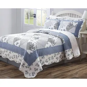 3-Pc Quilt Bedspread Coverlet Blue White Floral Patchwork Design
