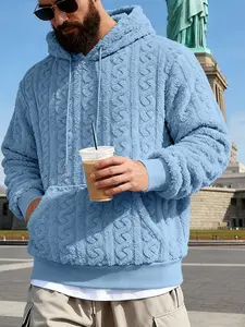Men's thickened, Chunky hoodie, twisted texture, plush feel, drawstring design retro street style, with pockets to prevent wind and keep warm, casual for daily commuting, coffee shop hopping, city walking
