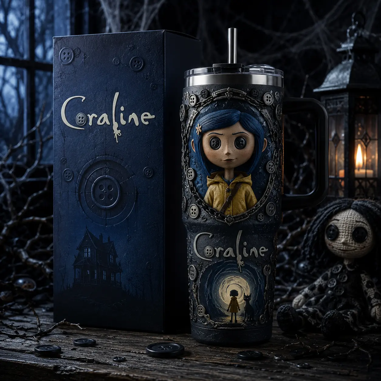 Coraline 40oz Tumbler with Handle & Straw, Stainless Steel Insulated Travel Mug, Button Eyes Gothic Movie Cup, Spooky Fantasy Drinkware, Coraline Fan Gift