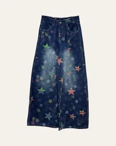 Women's Vintage Star Print High-Waisted Wide-Leg Cotton Denim Jeans - Pocket-Design Bottoms for Casual Wear, Bottom