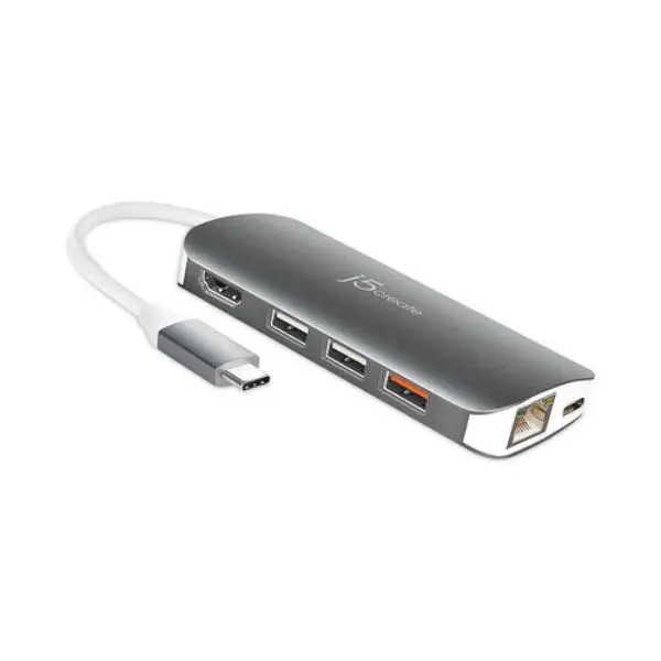 J5Create JCRJCD383 USB Type-C Adapter - Ethernet LAN, MicroSD Card Reader, Network Connectivity, Up to 5 Gbps Data Transfer, USB-C to HDMI-RJ45 Converter