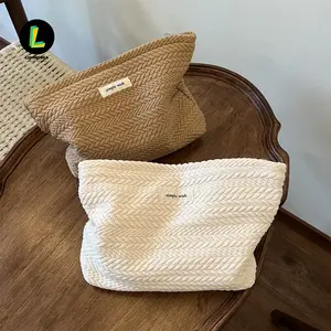 Warm-Toned Woven Texture Minimalist Storage Pouch Rice Ear Pattern Woven Fabric Handbag Cosmetic Bag Literary and Advanced Sense Clutch Bag Zipper Square Bag