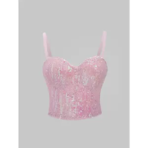 Tube Tank Tops Bra Blusas Sequins Pink Cute Woman Clothing Summer Spring Fishbone Sling Wedding Party Blind Date Stage Party Shaper Ladies Shirt Weighted Vests Women Sexy Clothes Elevated Going Out Crop Corse  Tops