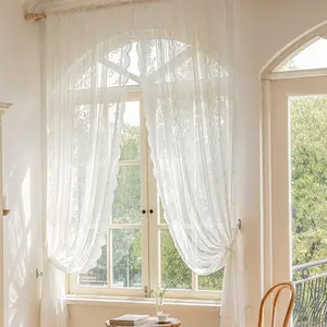 2pcs Embroidered Lace Sheer Curtains, Vintage Textured Fabric, Soft Touch, Fits Arched Windows, Bedroom Drapes, French Style