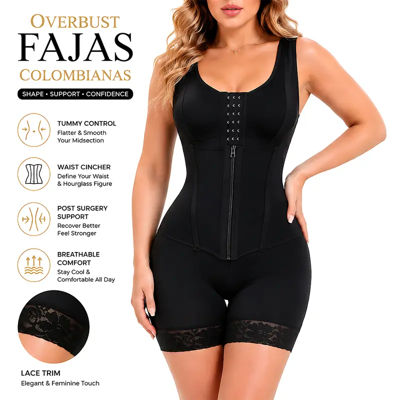 ZGQNBelle Women's Colombian Overbust Faja Shapewear Bodysuit Top - Lace Trim, Tummy Control, Post-Surgery Compression, Body Contouring, Zip Closure, Wedding-Ready (Sohochic Basic Womenswear)