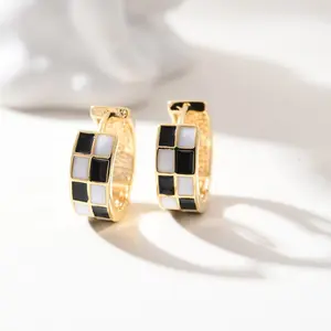 Chic Checker Small Hoop Cartilage Earrings Teacher Earrings for Women,White Black