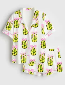 Women’s Coquette Pickle Lovers Fancy Girl Who Loves Pickles Print Short Sleeve Satin Pajama Set, Unique PJs with Design, Matching Family Sleepwear Set, Satin Pajama Set For Men Women Kids