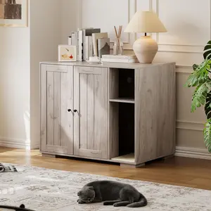 Dog-Proof Cat Litter Box Enclosure with Built-In Litter Collector – Extra Large Hidden Cat House Cabinet for Self-Cleaning Litter Boxes, Multi-Functional Cat Furniture with Storage Shelf & Power Outlet – White Farmhouse Style
