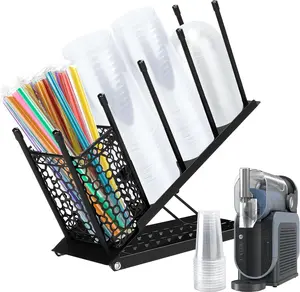 Cup and Lid Holder for Ninja Slushie Accessories Adjustable Multifunctional Universal Office Coffee Cup Holder Organizer for Ninja SLUSHi with Straw Organizer 4 Compartment Metal Cup Dispenser with Straw Holder for Countertop Breakroom Office