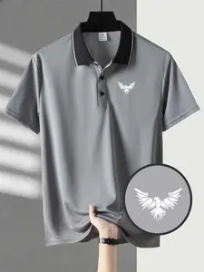 Men's Quick-Dry Polo Shirt, Eagle Print Collar T-Shirt, Breathable Mesh Fabric, Ideal for Golf, Tennis, Outdoor Work, Gym