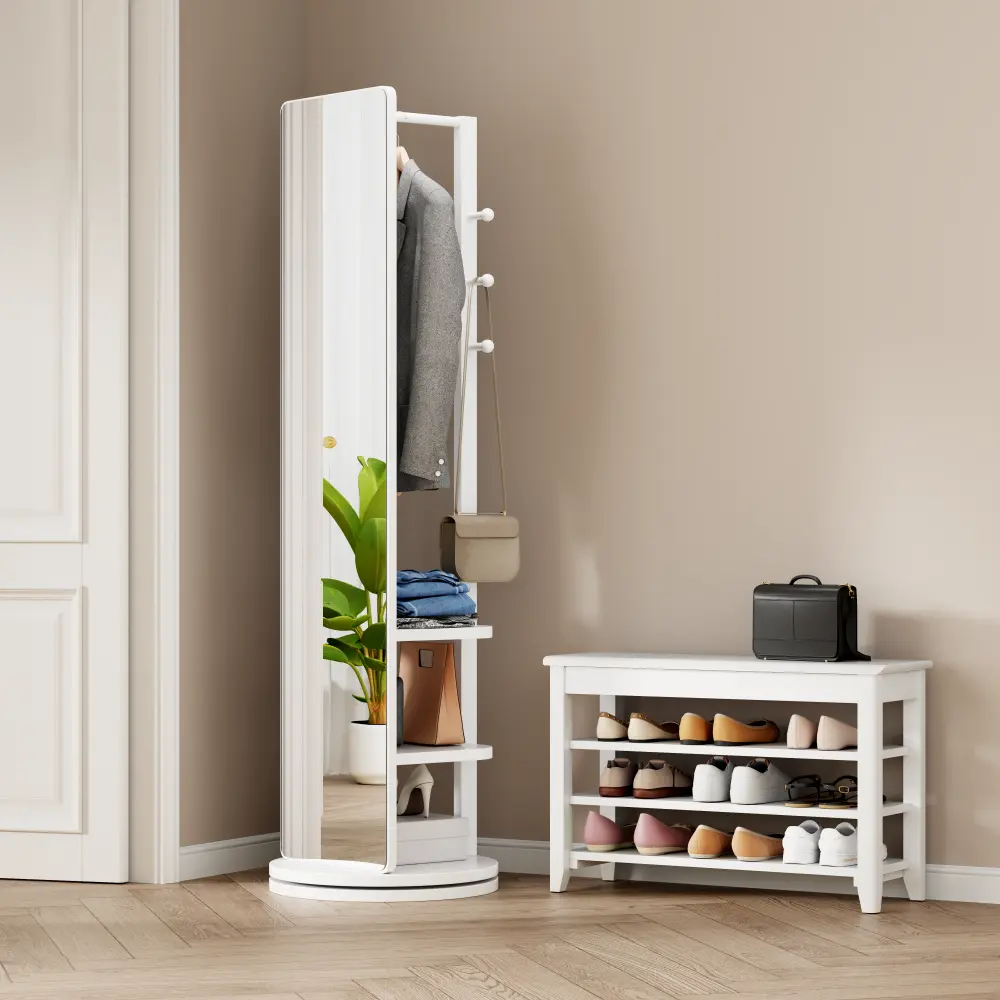 360° Rotating 66"x14" Multifunctional Full Length Mirror with Hook Storage Rack Coat Rack with Mirror Solid Wood Floor Mirror Bedroom Living Room Cloakroom Space Saving (wh