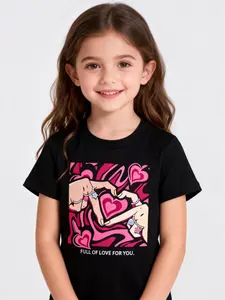 Girls' Heart Design Fitted Casual T-Shirt, Suitable for Girls Ages 8 and Under, Stylish Daily Wear, Perfect Gift Idea