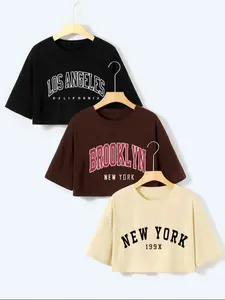 Women's Letter Print Round Neck Crop Tee, Summer Clothes Women, Casual Fashion Drop Shoulder Short Sleeve T-shirt for Summer, Ladies Clothes