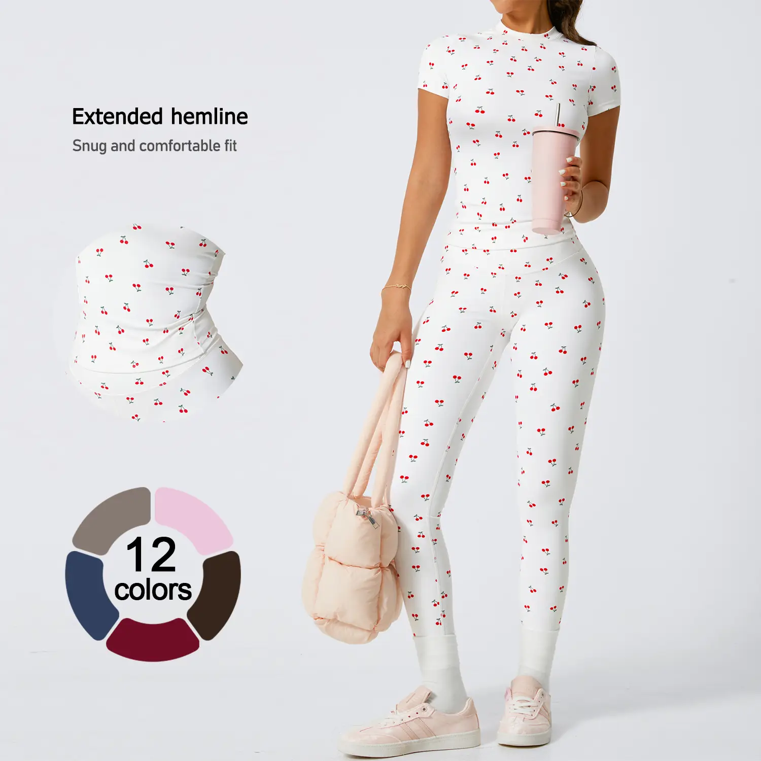 TimeOFF Women's 2-Piece Cherry Print Crew Neck Tee & High-Waist Leggings Set , Extended Hemline, Quick-Dry Snug , Yoga, Gym, Athleisure , Women's Acti