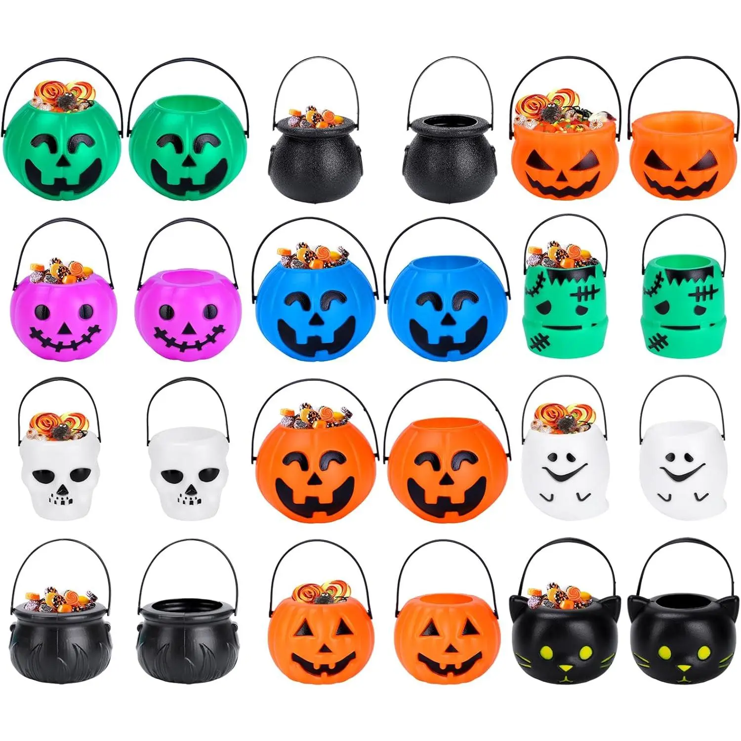 Mini Halloween Trick-or-Treat Plastic Buckets - 24 Bulk for Trick-or-Treat, Witch Party Decorations |   Durable Reusable Candy Holders, Garden Pots, and Spooky Display Props (Random Colors)