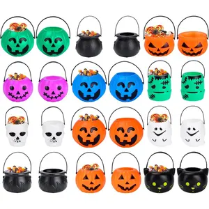 Mini Halloween Trick-or-Treat Plastic Buckets - 24 Bulk for Trick-or-Treat, Witch Party Decorations |   Durable Reusable Candy Holders, Garden Pots, and Spooky Display Props (Random Colors)