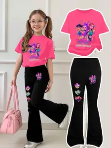 Girls' Short Sleeve & Bell Bottoms Set, Power Girl Outfit, Kpop Demon Hunters Design, Casual Comfortable, Breathable and Stylish, All Seasons Wear