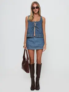 Princess Polly Stefenie Denim Skort Mid Wash - 100% Cotton, Mid-Rise Fit, Invisible Zipper, Twin Back Pockets, Non-Stretch, Fully Lined