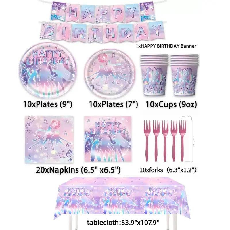 Kpop Theme Birthday Party Supplies Disposable Tableware Set | Plates, Cups, Napkins, Tablecloth, Banner & Forks | All‑in‑One Party Kit for 10 Guests