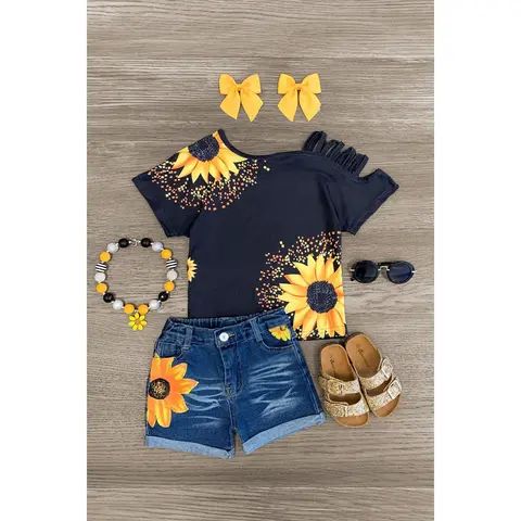 Sparkle In Pink Girls' Sunflower Open-Shoulder Denim Short Clothes Set - Casual, Fashion Style, Fine Girls Outfit with Front Pockets, Kids' Fashion Suits