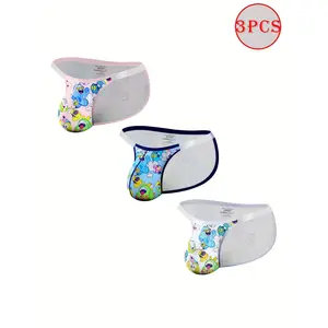 Men's 3-Pcs Low-Waist Anime-Inspired Colorful Cartoonish Graphic Sport Briefs Set - Sheer Butt-Lifting Trunks, 60% Nylon/35% Fabric, for Gym/Cosplay, Transparent Fashion Menswear Lingerie, Low-Waist Men's Briefs, Anime-Inspired Men's Briefs