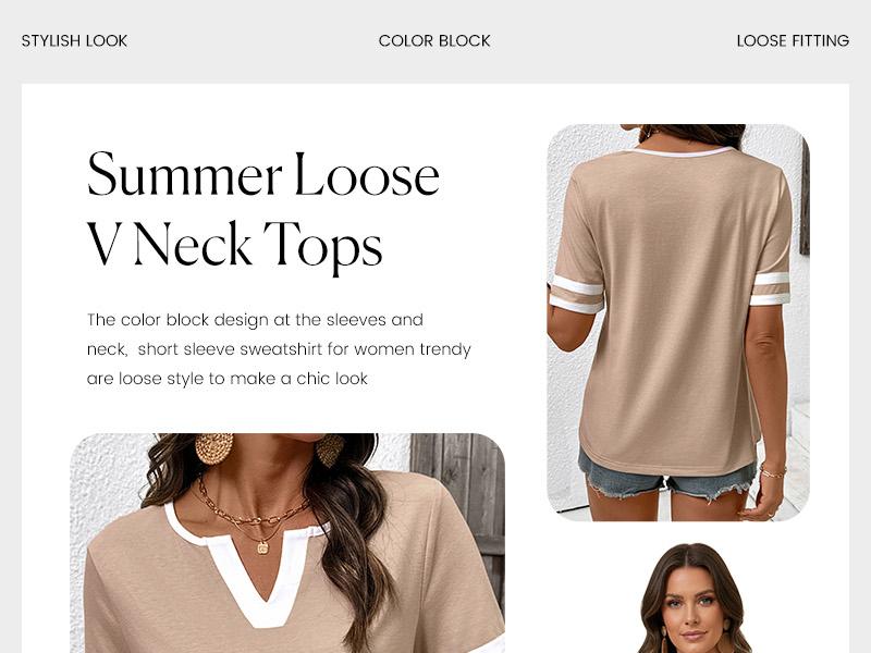 Shewin 2026 Spring/Summer Women's Casual Colorblock V-Neck T-Shirt - White with Black Trim, Short Sleeve Loose Fit Top with Striped Cuffs, Breathable Cotton Blend for Daily Wear SpringStatements Shewin 2026 Spring/Summer Women's Casual Colorblock V-Neck T-Shirt - White with Black Trim, Short Sleeve Loose Fit Top with Striped Cuffs, Breathable Cotton Blend for Daily Wear SpringStatements