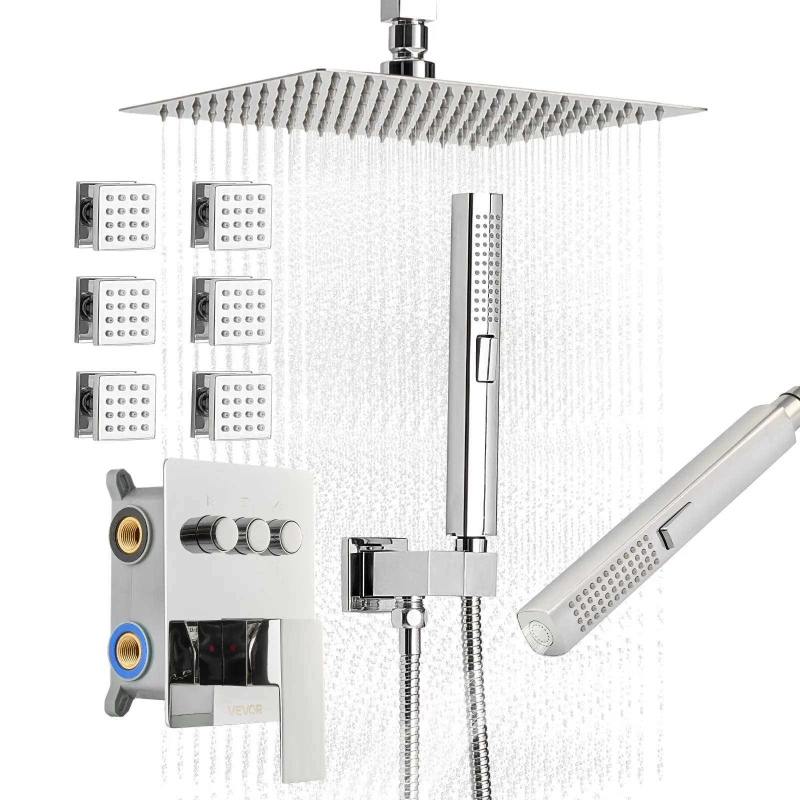 VEVOR Copper Brass 3-Function Multi-Flow Shower System, 10-in Ceiling-Mount Rotatable Rainfall Head, 6 Body Jets, 2-in-1 Handheld, Chrome Plated Complete Valve & Trim Kit, Easy Maintenance