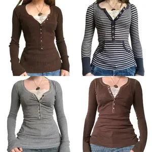 Vintage Lace Patchwork Cute Cotton Tshirts Women Korean Fashion Button Fairy Grunge Y2K Clothes Casual Spring Autumn Retro Tops Womenswear Gamis