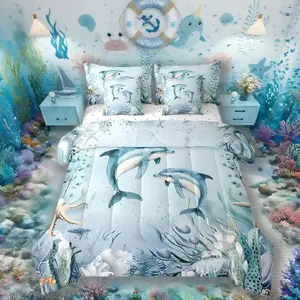 Dolphin Comforter Set,7 Piece Bed in a Bag,Teal Blue Ocean Beach Coastal Bedding Set,Starfish Octopus Tentacles Sheet Sets with Comforter