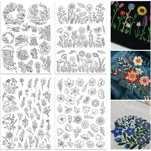 4 Sheets 105 Pcs Water Soluble Embroidery Patterns Stabilizers - Pre-Printed Floral, Flowering Shrubs & Leaves Designs - Stick & Stitch Embroidery Paper for Hand Sewing Lovers