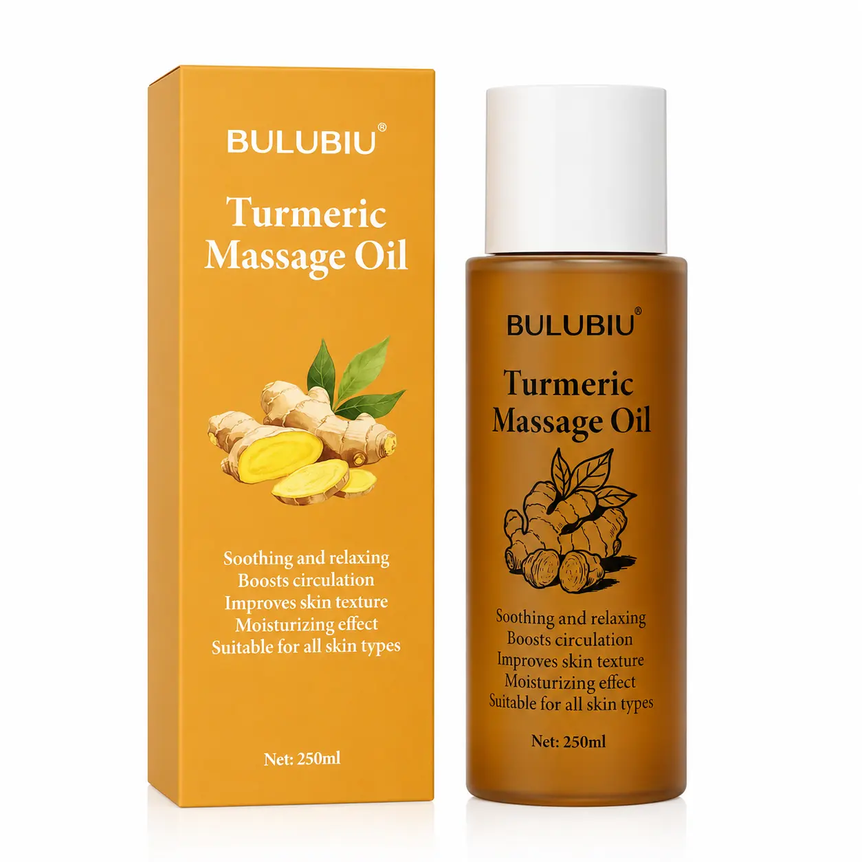 BULUBIU Turmeric Body & Massage Oil 250ml - Calming, Relaxing, Boosts Circulation, Improves Skin Texture, Moisturizing for All Skin Types, Ideal for Body Care Routine