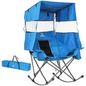 Rocking Camping Chair with Canopy, XL Oversized Folding Rocker for Adult, Outdoor Umbrella Chairs with Shade, with Cup Holder, Cooler Bag, Carry Bag, for Sports, Patio, Backyard