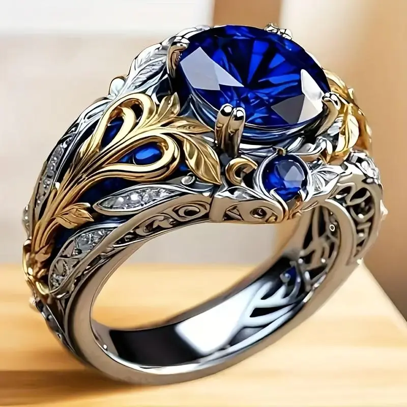 Retro Sapphire-Embedded Unisex Ring & Multi-Layered Boho Dragonfly Moon Rice Grain Necklace Set, European-American Vintage Style, Domineering Fashion Accessories, Suitable for Daily Wear, Party Gifting, Birthday Gift Ideas
