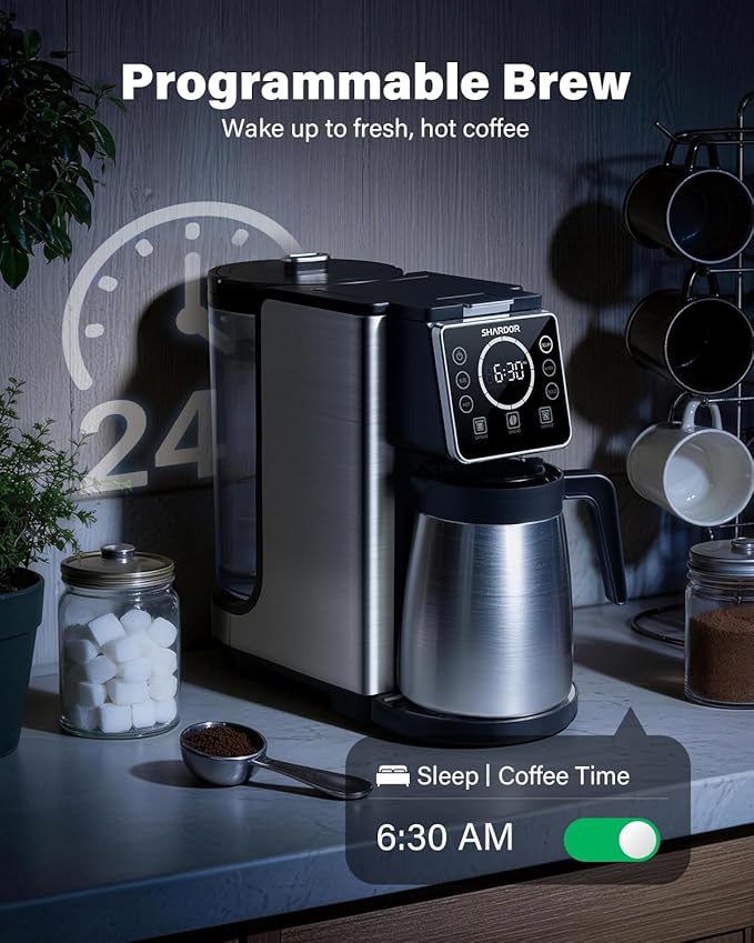 Programmable 5 Cup Drip Coffee Maker, Single Serve Hot & Iced Coffee Machine for K Cup & Grounds, 95oz Removable Reservoir, 6–24oz Brew Size, Strong Brew, Stainless Steel Thermal Carafe, Black