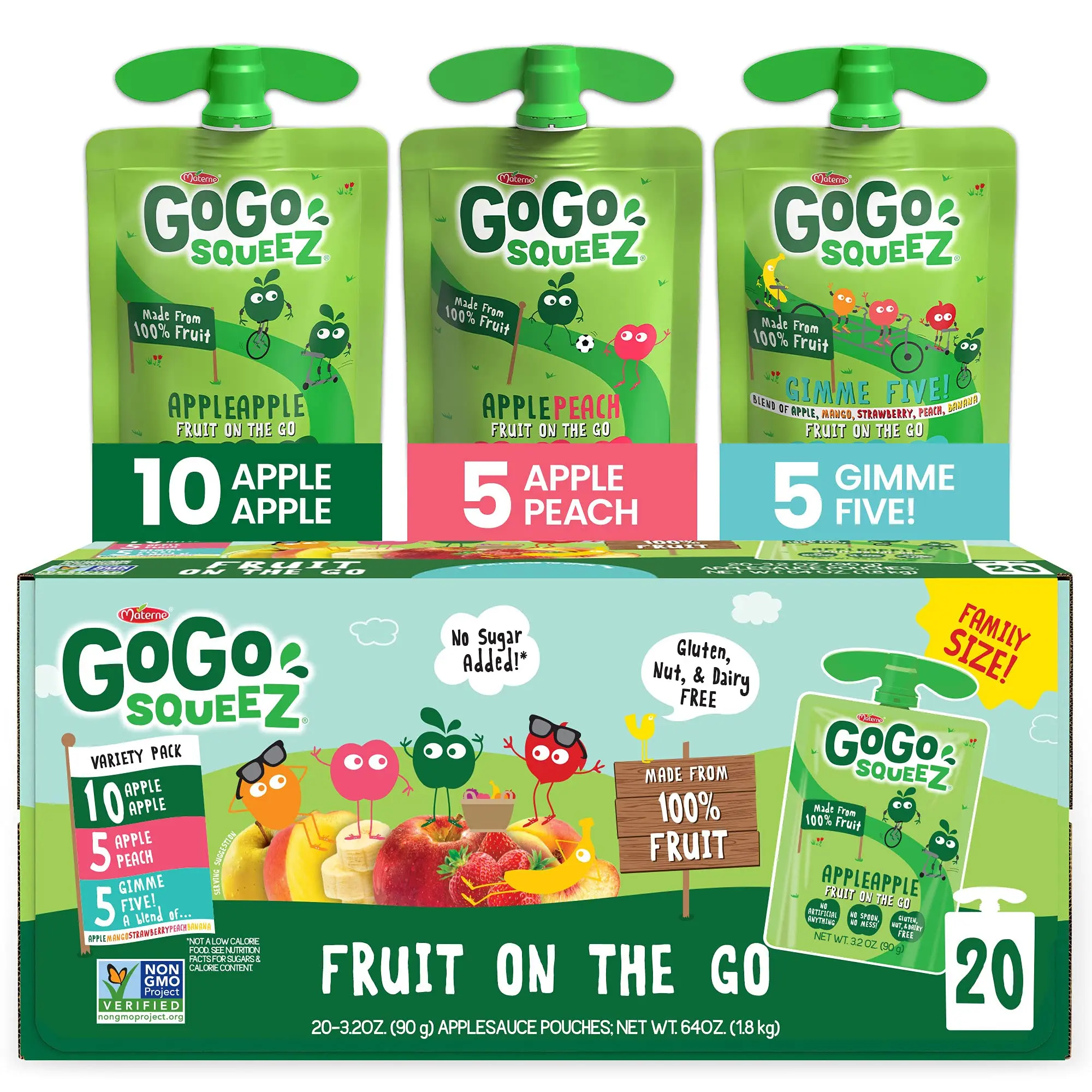 GoGo squeeZ Fruit on the Go Variety Pack, Apple, Peach & Gimme Five!, 3.2 oz (Pack of 20), Unsweetened Fruit Snacks for Kids, Gluten Free, Nut Free and Dairy Free, Recloseable Cap, BPA Free Pouches