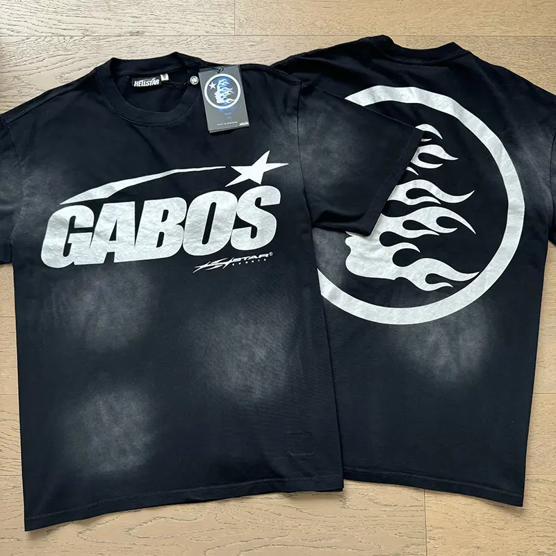 Hellstar Gabos Shooting Star T-Shirt, Washed Black Graphic Tee with Bold Silver Chest Logo and Oversized Flame Face Back Print, Heavy Cotton Loose Fit Streetwear Top for Men Women, Fashion Accessories