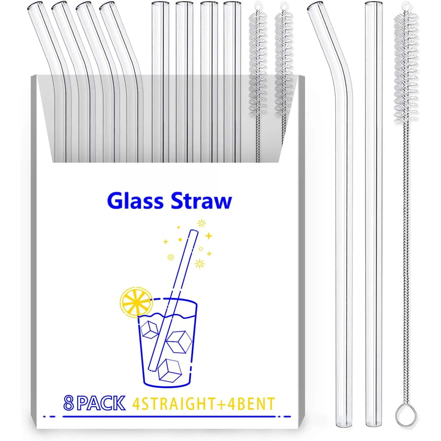 8-Pack  Glass Straw,Size 8.5''x10 MM,Including 4 Straight and 4 Bent with 2 Cleaning Brush-  For Smoothies, , Juice